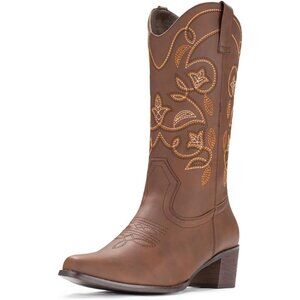Women's Brownn Boots Pointy Toe Western Boots Cowgirl Boots Mid Calf Boots